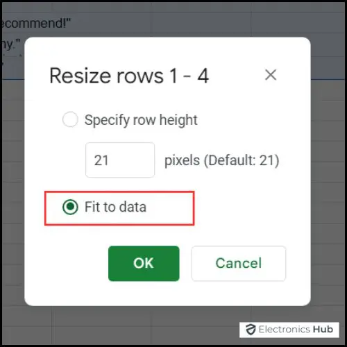 autofit option-change row size in google sheets