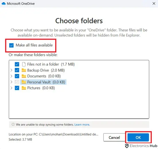 Choose all folders -synching onedrive