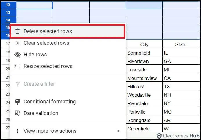 choose Delete selected rows- empty rows in google sheets