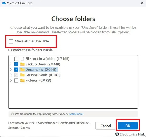 Choose Specific Folder -synching onedrive