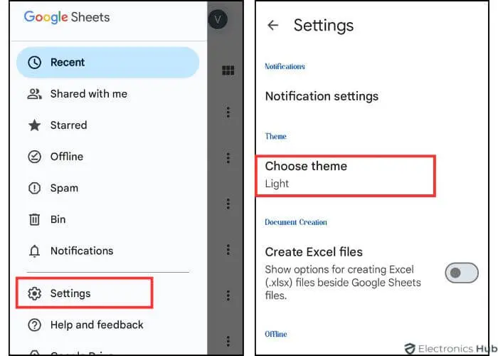 Choose theme - Darkmode on Googlesheet Mobile