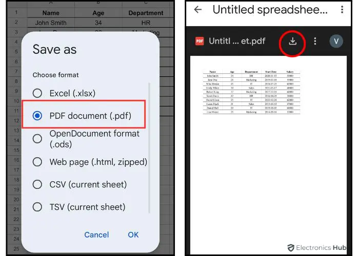 click download- convert google sheet to pdf