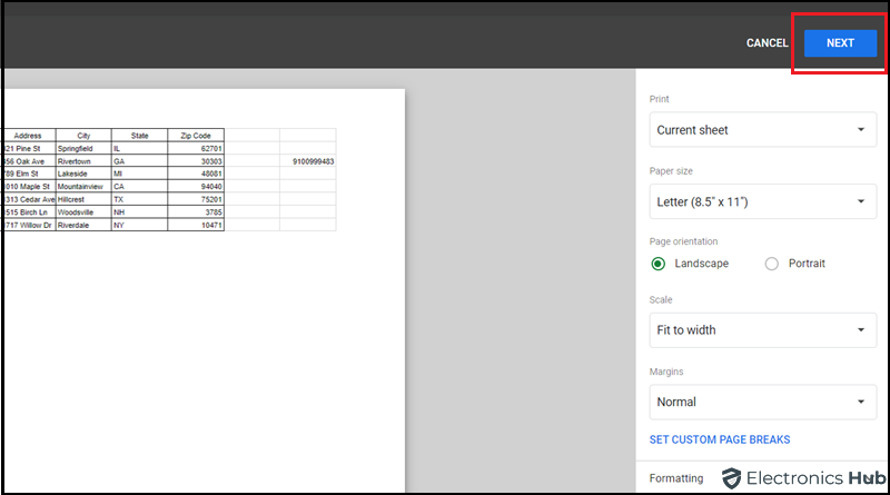 click Next- Google spreadsheet to pdf