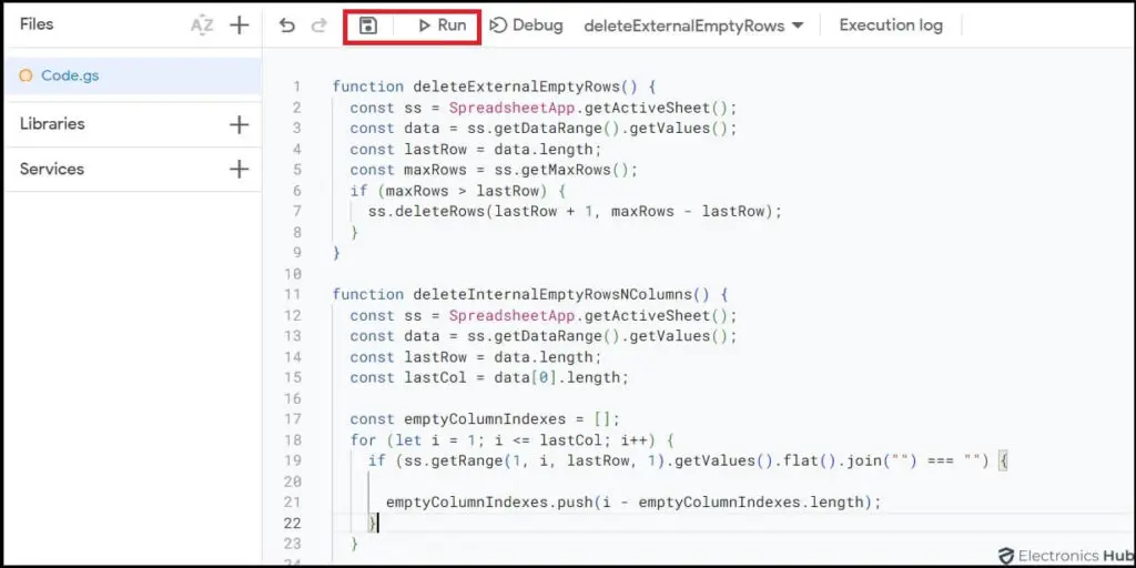 click on the Run-google sheet remove empty rows
