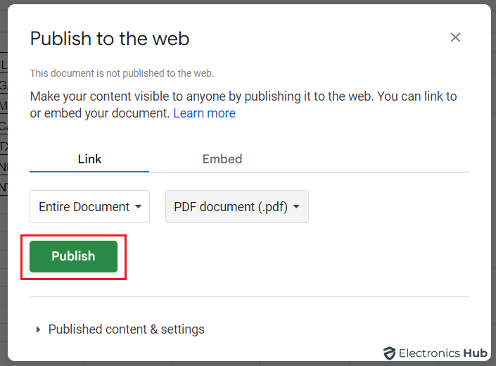 Click Publish- Google sheet convert to pdf