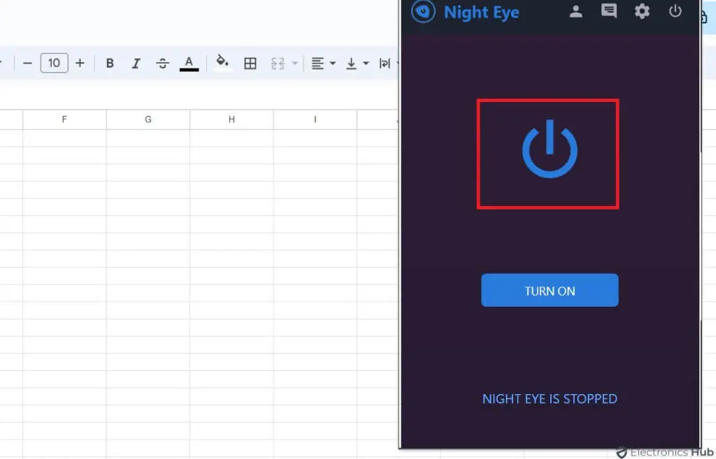 Click the power button - Dark mode in google sheet