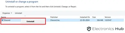 click uninstall - uninstall discord