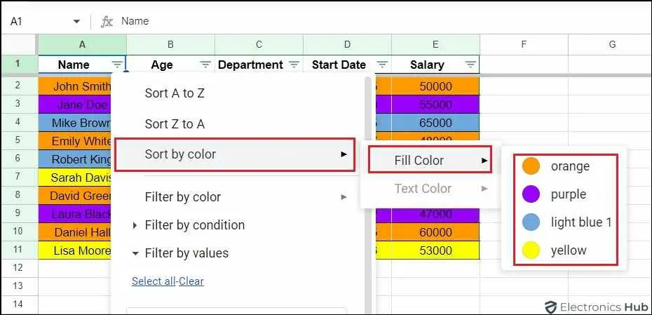 Fill color-Sort by Color googlesheet