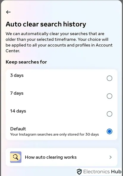 options for search history - reset explore page on insta