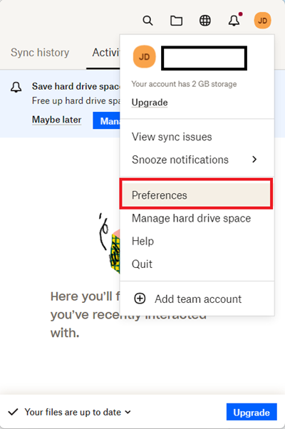 Preferences - dropbox not syncing