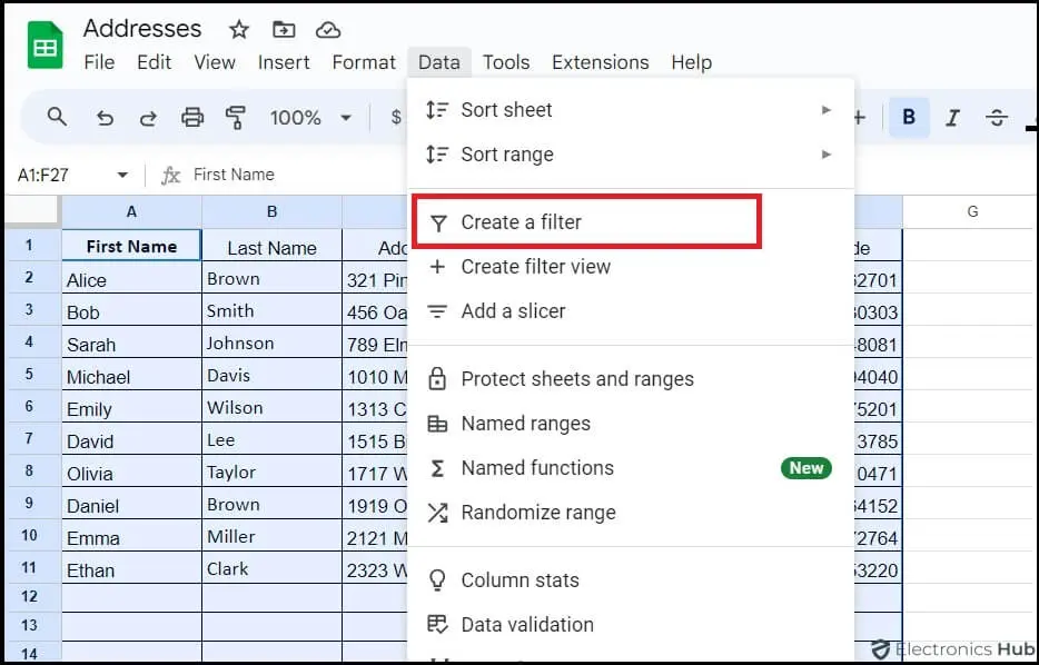 select Create a filter-remove googlesheet empty rows