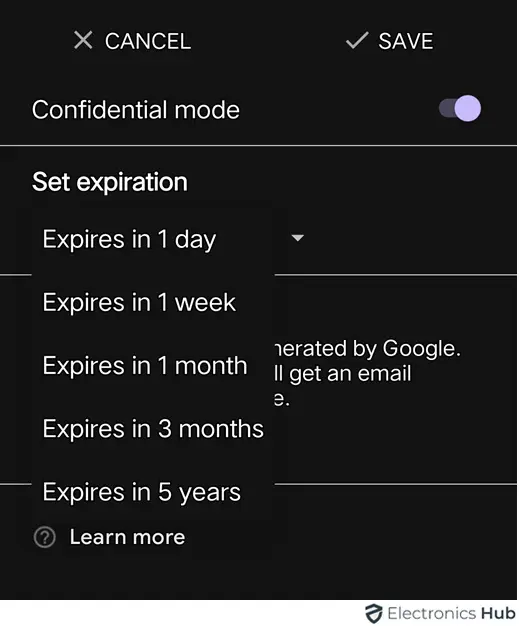 select expiration - encrypt email in gmail