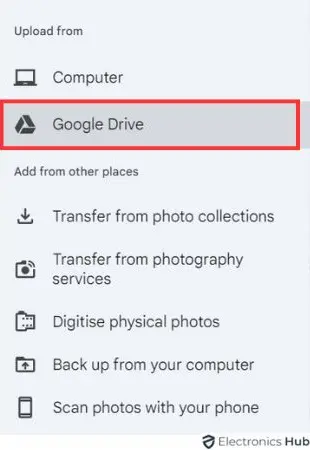 Select Google Drive - access google photos from google drive