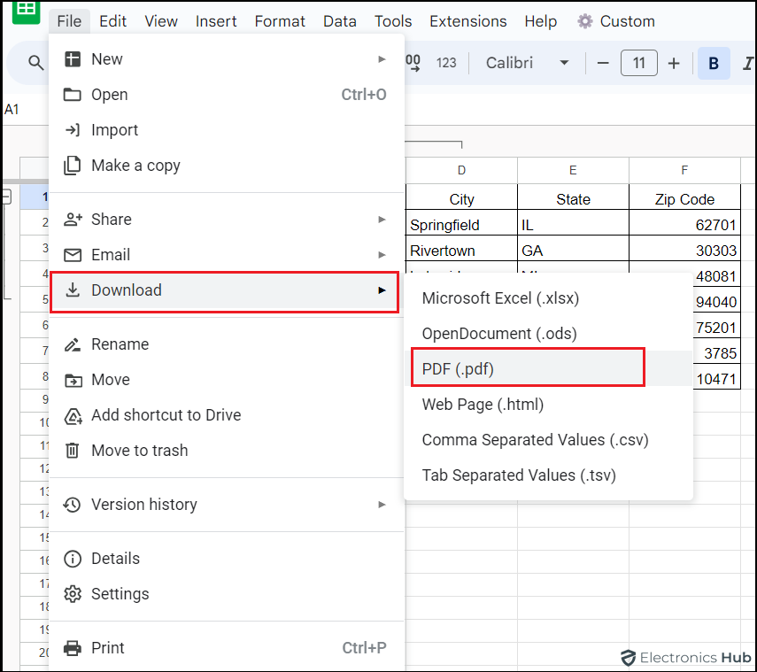 Select PDF- save google sheets as pdf