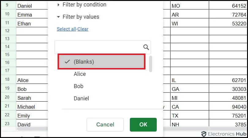 select the (Blanks)-google sheet delete blank rows