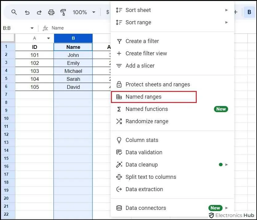 select Named ranges-title column googlesheets