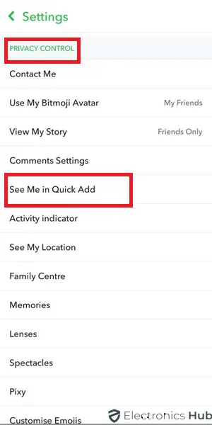 Tap on Show Me in Quick Add on Snapchat Setting