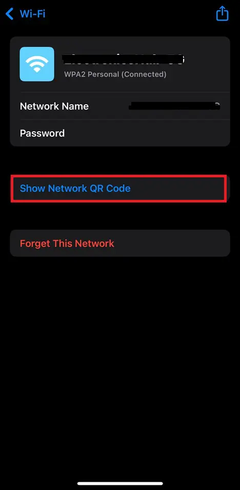 Tap Show Network QR code - iOS
