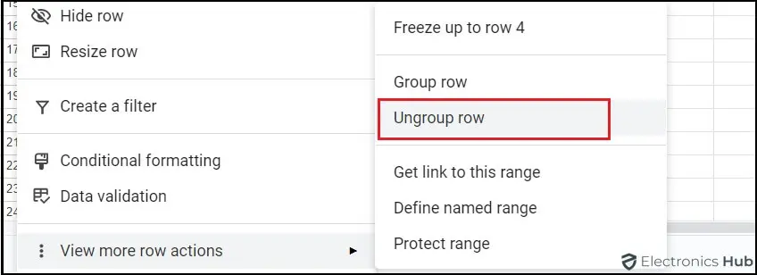 Un-grouping Selected Rows or Columns-google sheets